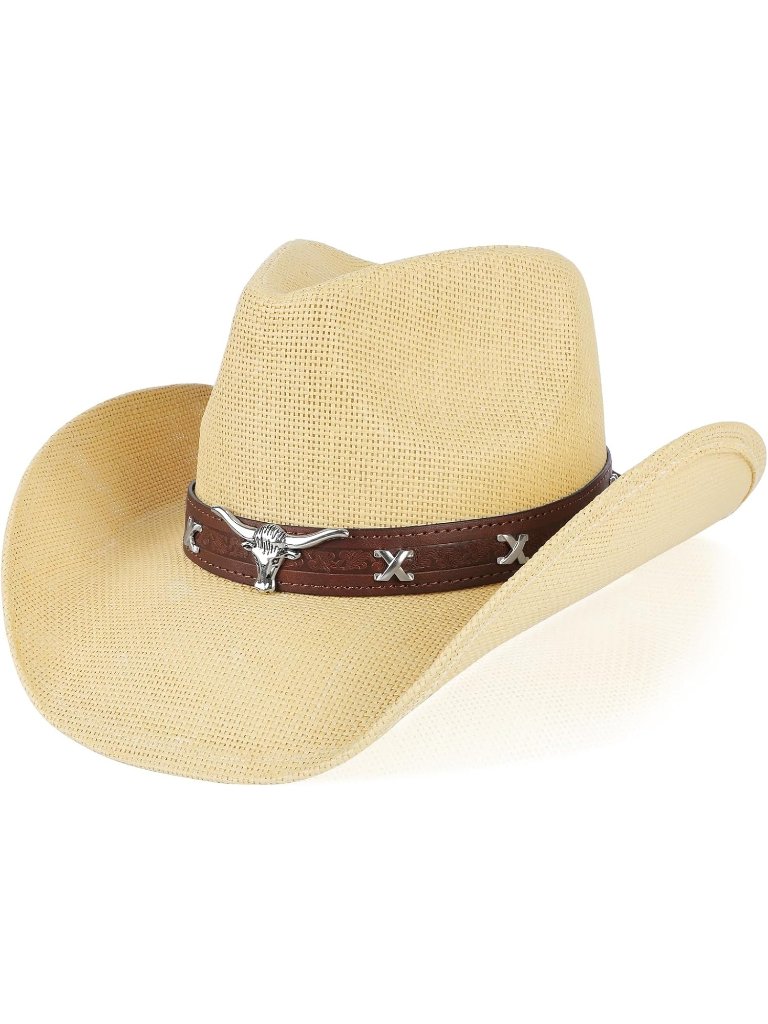 Men's Beige Elastic Closure Straw Wide Shapeable Brim Cowboy Western Hat